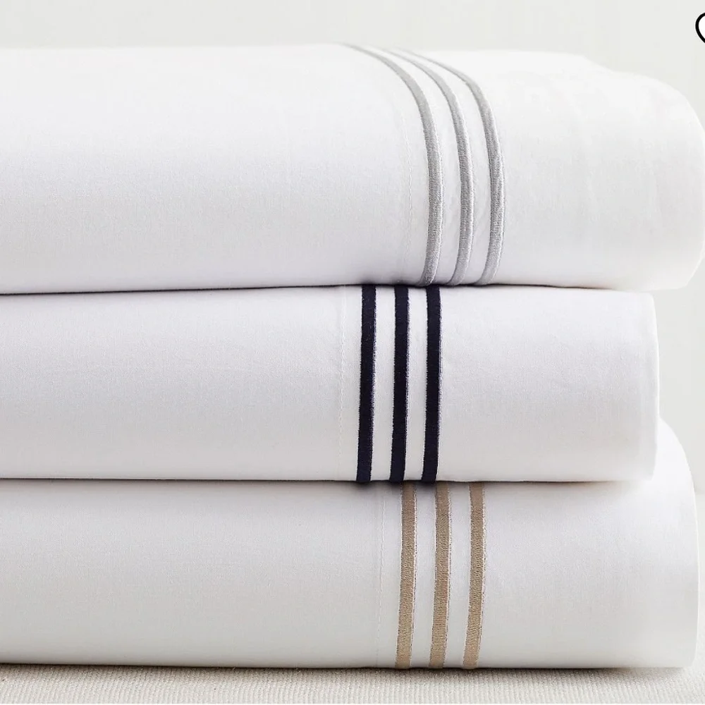 2 Pottery Barn White KING Pillowcases with Embroidered Silver Stripes